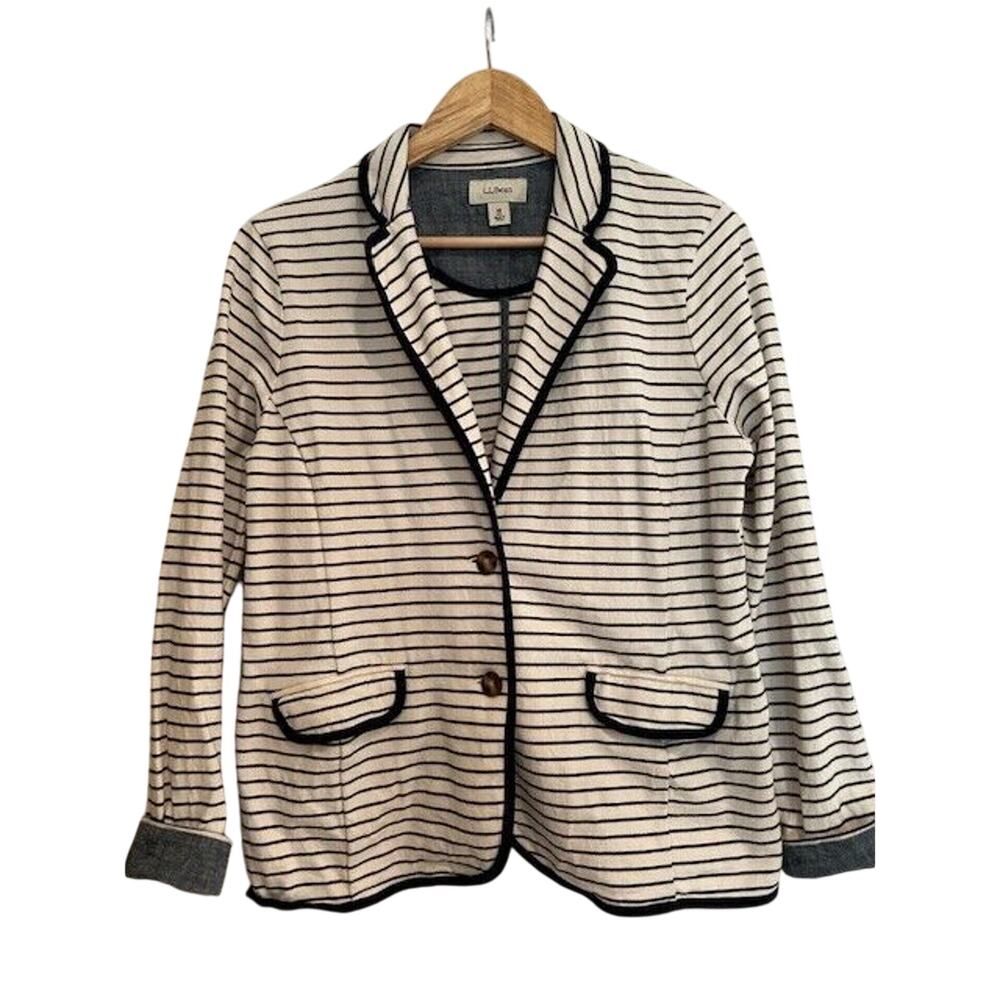 LL BEAN Women's Nautical Stripe Blazer Jacket MEDIUM Cream Navy Jersey
